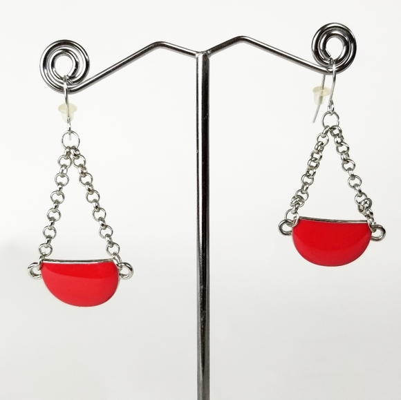 Retro Red Enamel & Silver Tone Necklace & Earrings - Picture 10 of 14